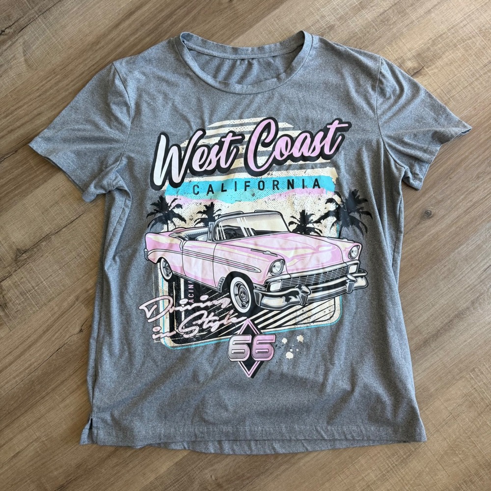 West Coast California Graphic Tee Gray Pink Vintage Car Short Sleeve T-Shirt
